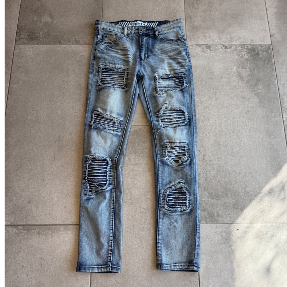 GSTR Raw Mens Blue Distressed Moto Biker Jeans Slim Fit Ribbed Stacked 30x30